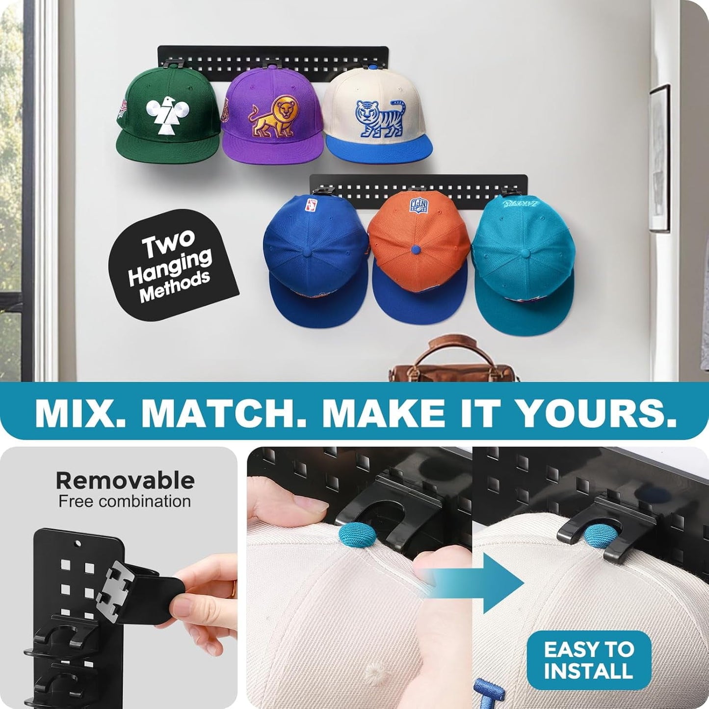 Livhil 2 Pack Hat Organizer for Baseball Caps, Detachable DIY Hat Rack Hold up to 22 Hats, Hat Holder for Wall Closet Door Bedroom (C-Black)