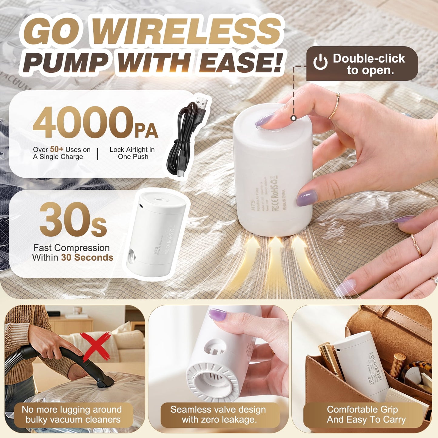 Livhil Vacuum Storage Bags with Electric Pump, Vacuum Seal Bags for Clothes, Travel Vacuum Bags with Pump, Reusable Shrink Bags, Square Grid