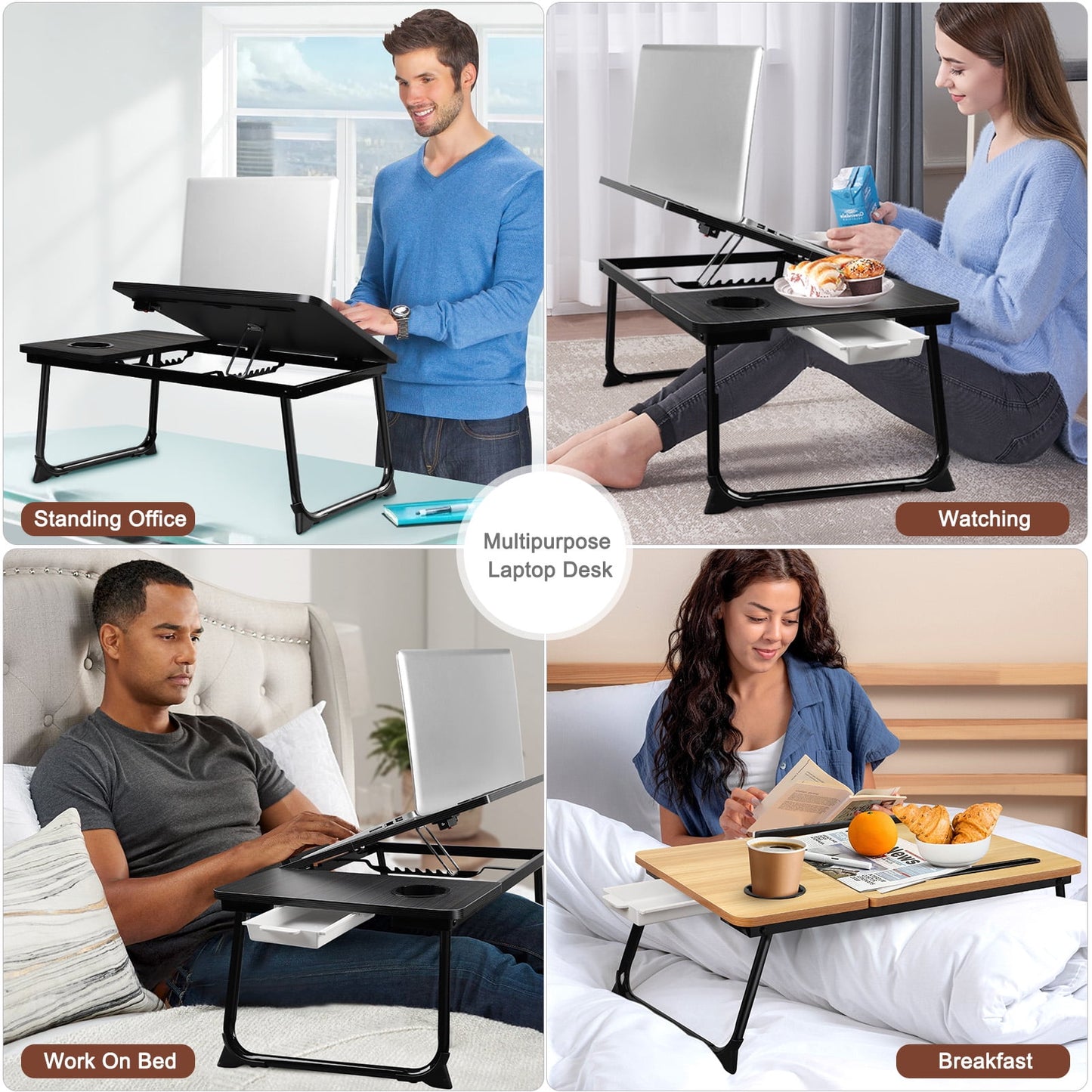 Livhil Lap Desk- Fits up to 15.6 Inch Laptop Desk, Foldable Bed Tray Breakfast Table with 5 Angles Tilting Top