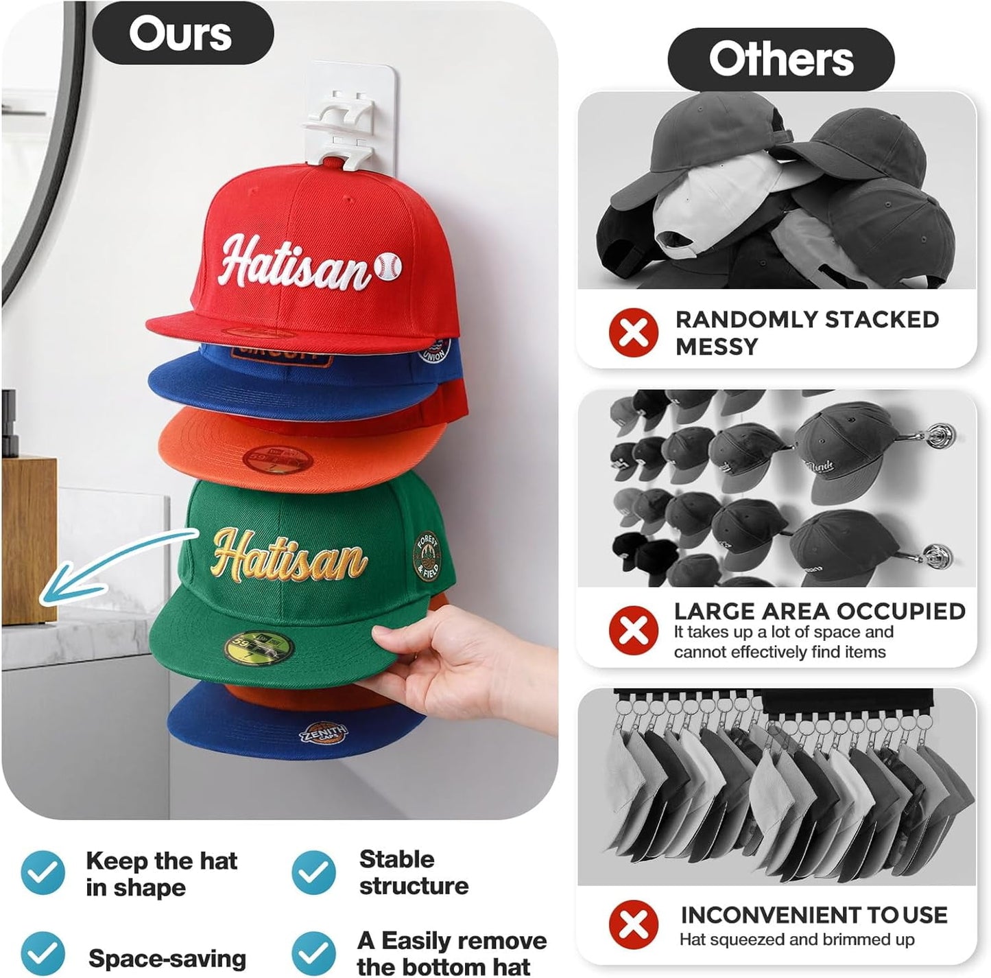 Livhil 2 Pack Hat Organizer for Baseball Caps, Detachable DIY Hat Rack Hold up to 22 Hats, Hat Holder for Wall Closet Door Bedroom (C-Black)