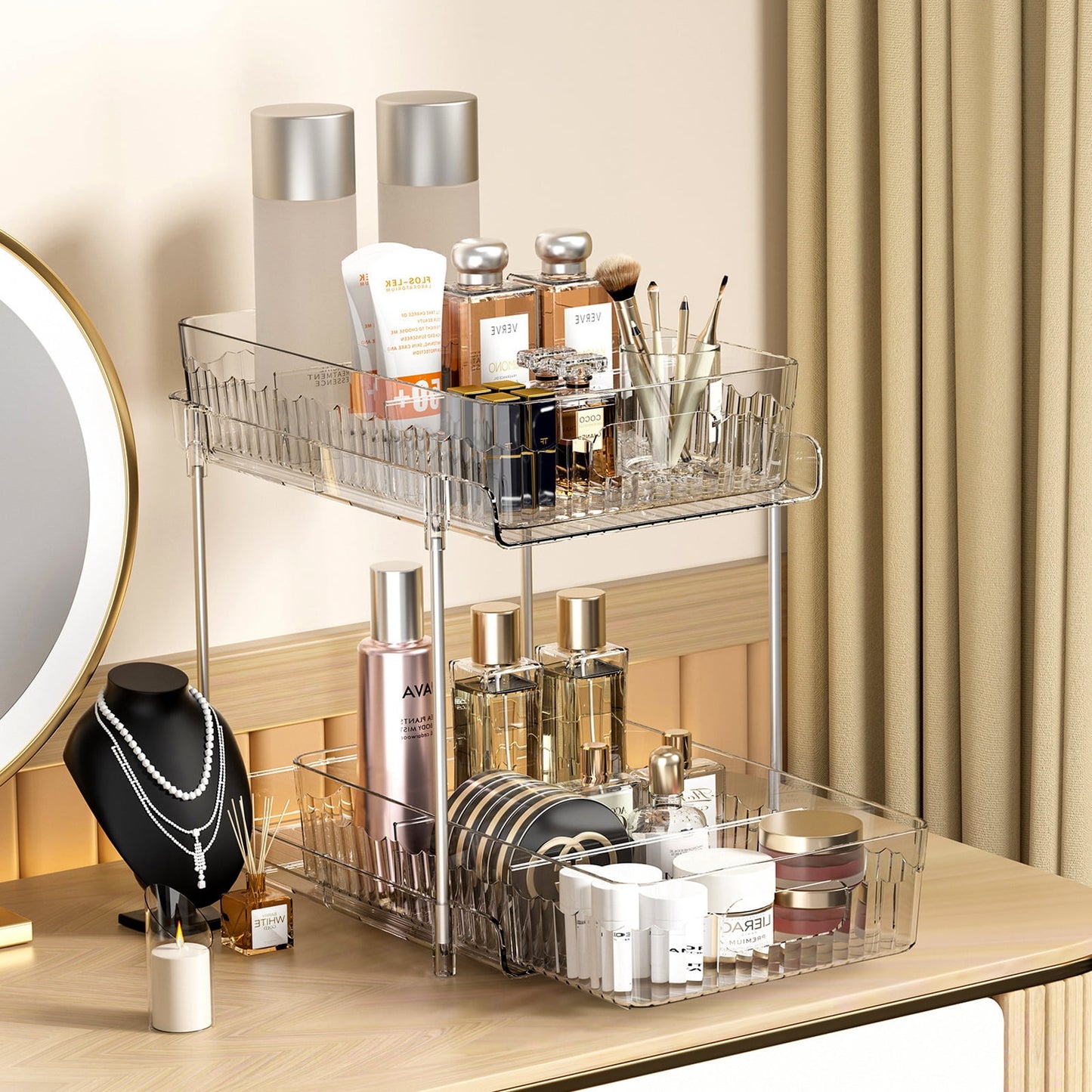 Livhil Under Sink Organizer, 2 Tier Pull Out Clear Under Sink Storage with 3 Removable Dividers, Bathroom Cabinet Organizer Shelf , Stackable Pantry Organization and Storage (11.6×7.7×10.2in）