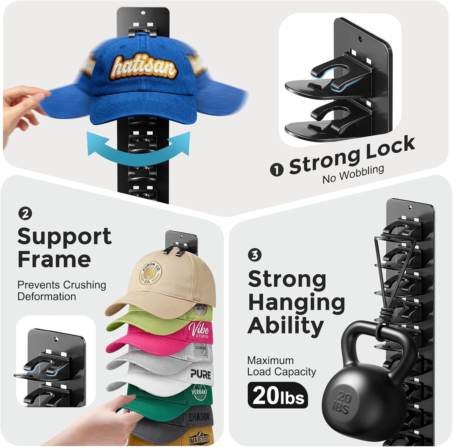 Livhil 2 Pack Hat Organizer for Baseball Caps, Detachable DIY Hat Rack Hold up to 22 Hats, Hat Holder for Wall Closet Door Bedroom (C-Black)