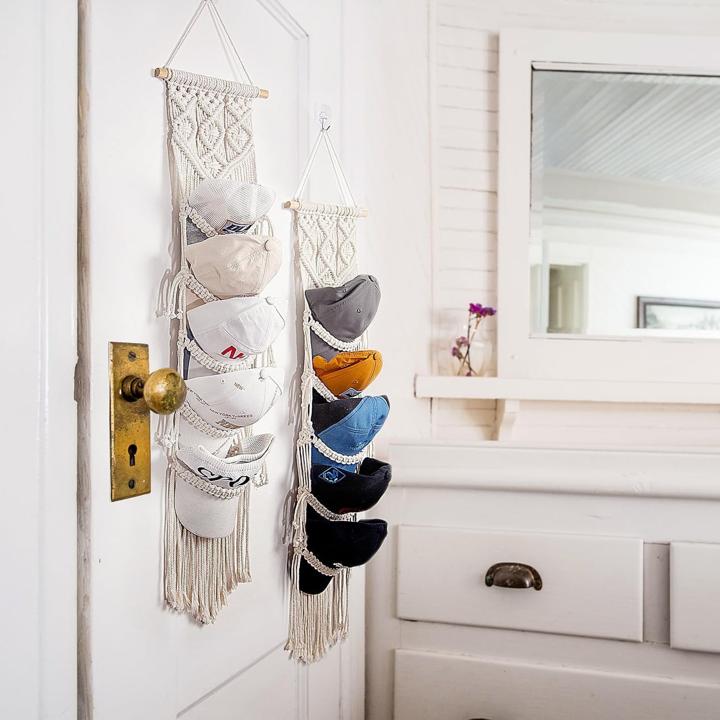 Livhil Boho Hat Rack for the Wall, Macrame Hat Hanger for Baseball Caps Organizer, Bohemian Hat Holder for Hanging Decoration and Display