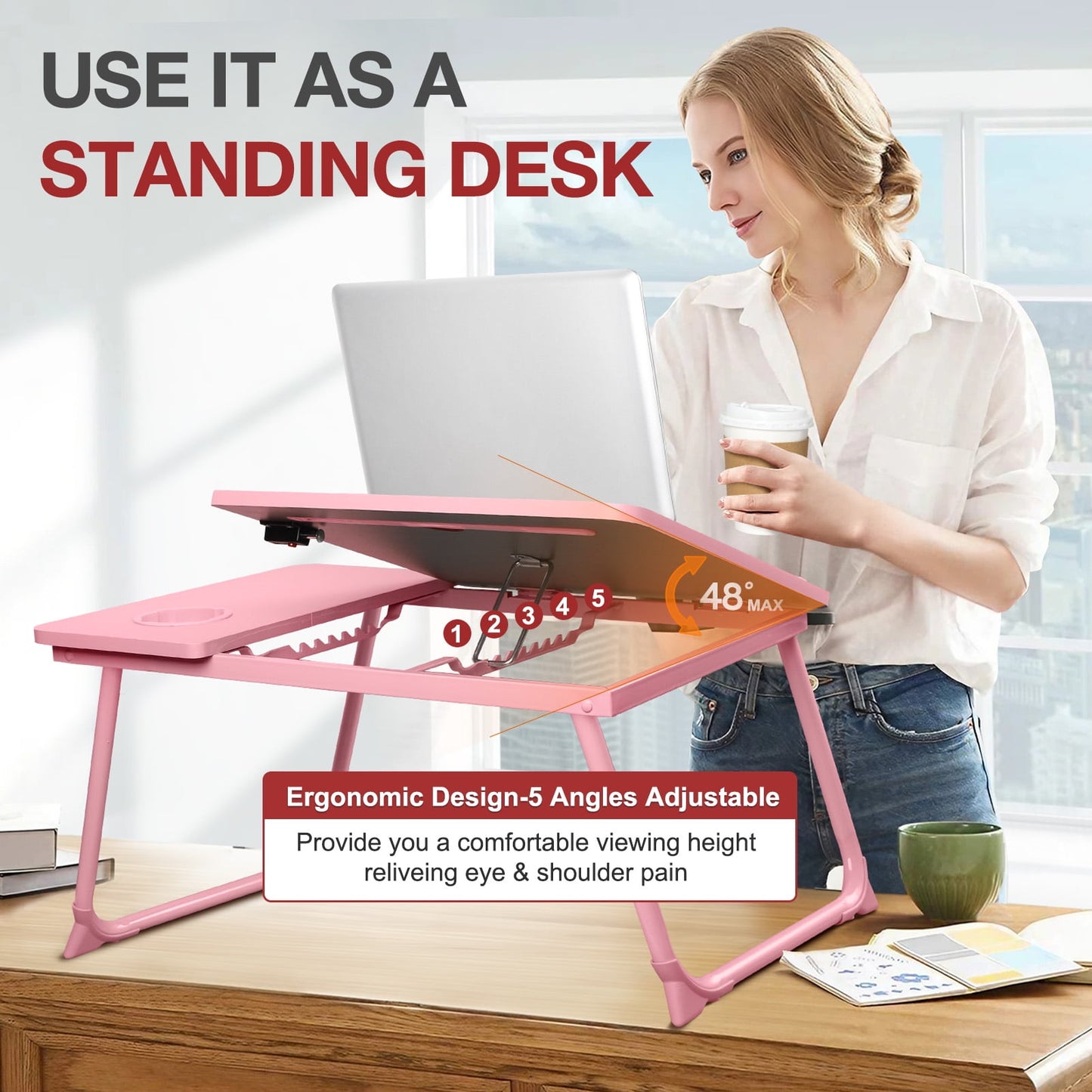 Livhil Lap Desk- Fits up to 15.6 Inch Laptop Desk, Foldable Bed Tray Breakfast Table with 5 Angles Tilting Top