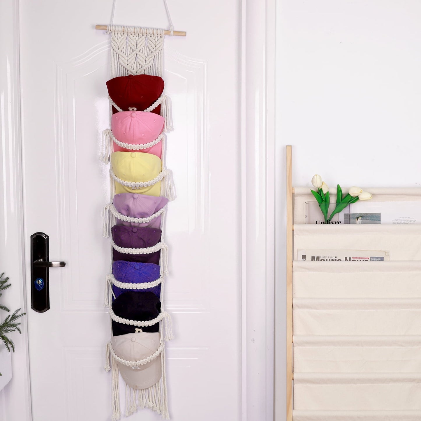 Livhil Boho Hat Rack for the Wall, Macrame Hat Hanger for Baseball Caps Organizer, Bohemian Hat Holder for Hanging Decoration and Display