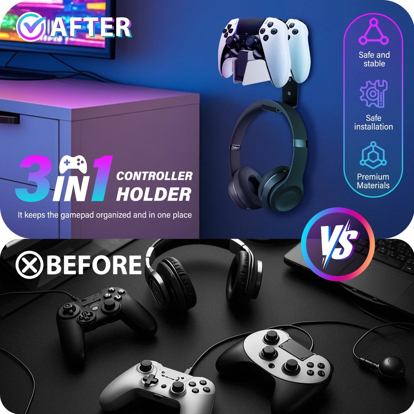 Livhil Headsets Holder for PS5, Game Controller Wall Hanger with Non-Slip Pads, 1 Piece