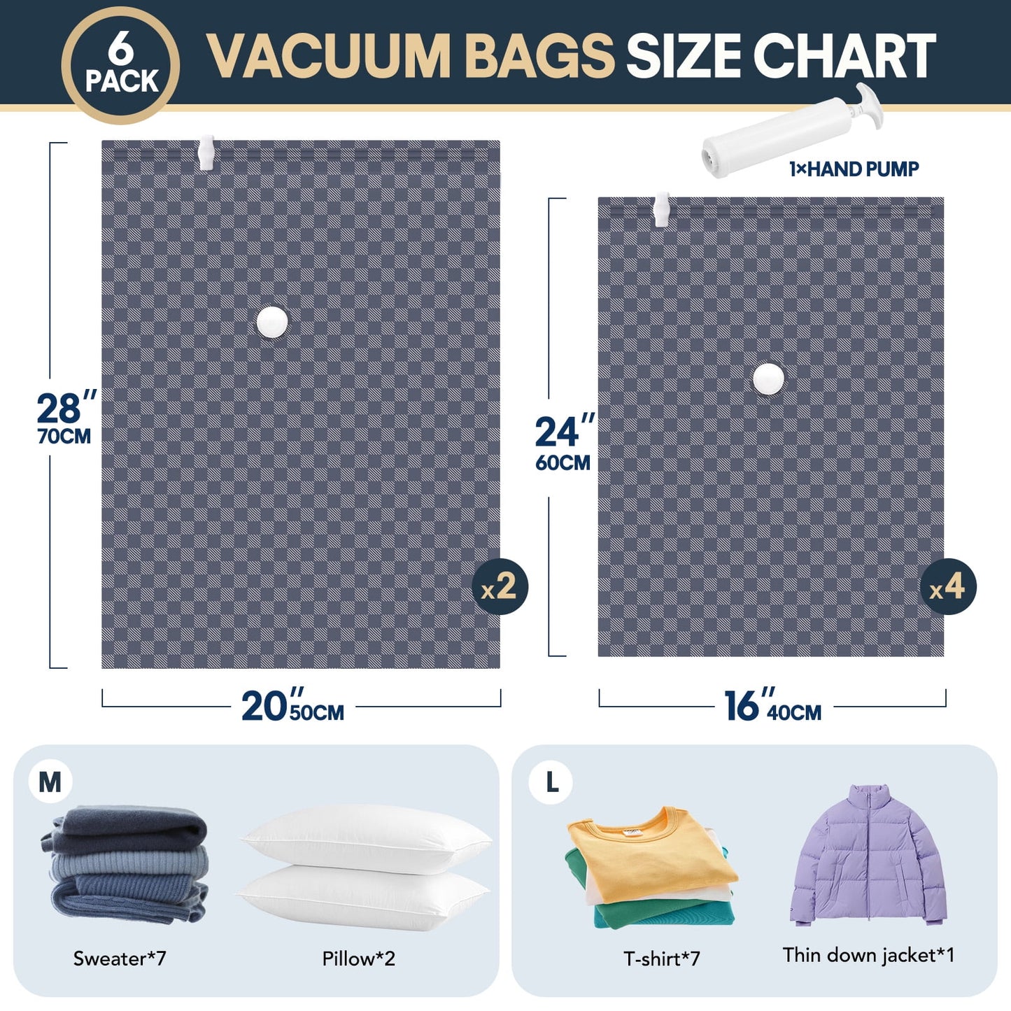 Livhil 6 Pcs Oxford Cloth Vacuum Storage Bags,Space Saver Seal Bags for Clothes,with Hand Pump