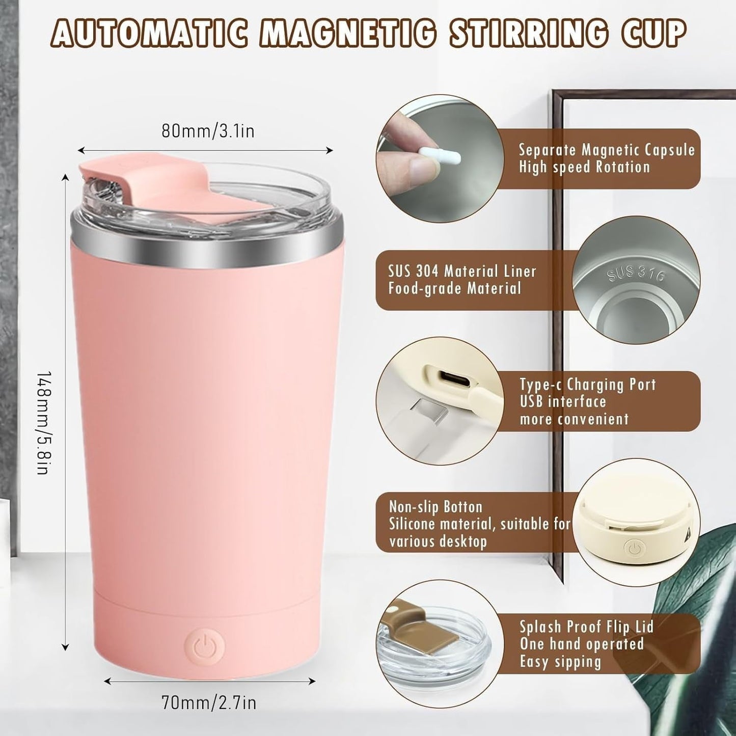 Livhil 13.5 Oz Self Stirring Mug with Lid Electric High Speed Mixing Rechargeable Automatic Magnetic Stirring Coffee Mug