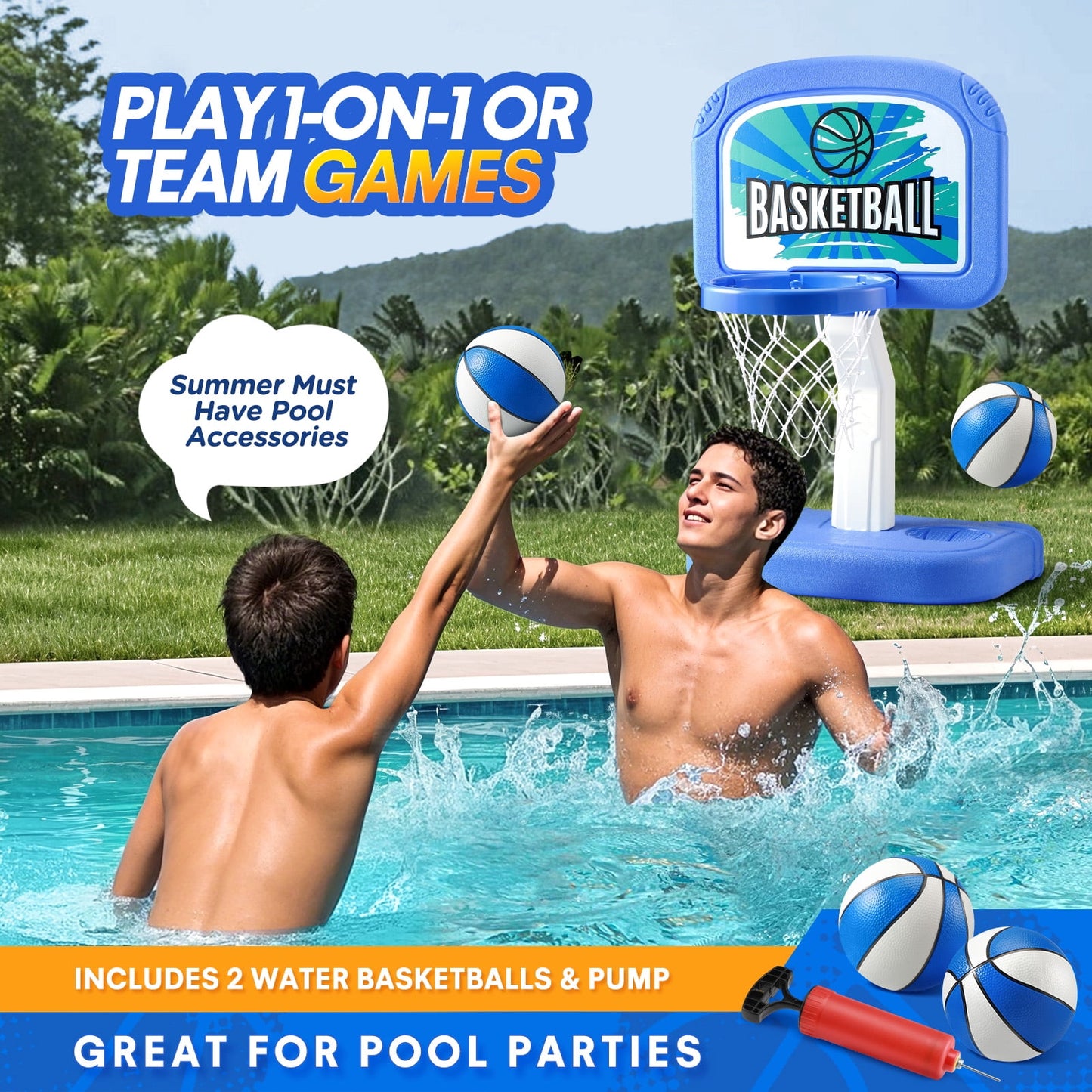 Ayieyill Pool Basketball Hoop, Swimming Pool Basketball Games with Pool Basketball Hoop Poolside and 2 Balls