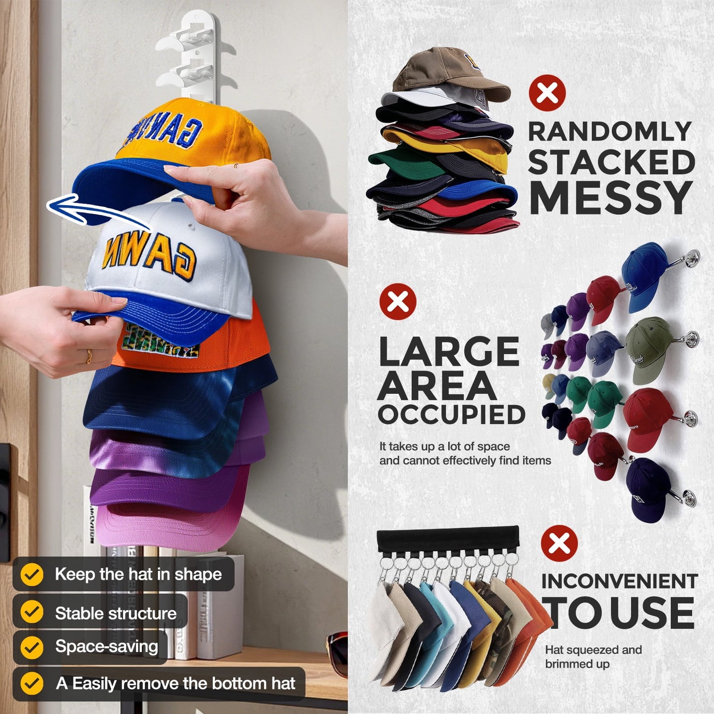 Livhil 2 Pack Hat Rack for Baseball Caps, Adhesive Hat Holder for Wall, Baseball Hat Storage Hold Up to 20 Hats