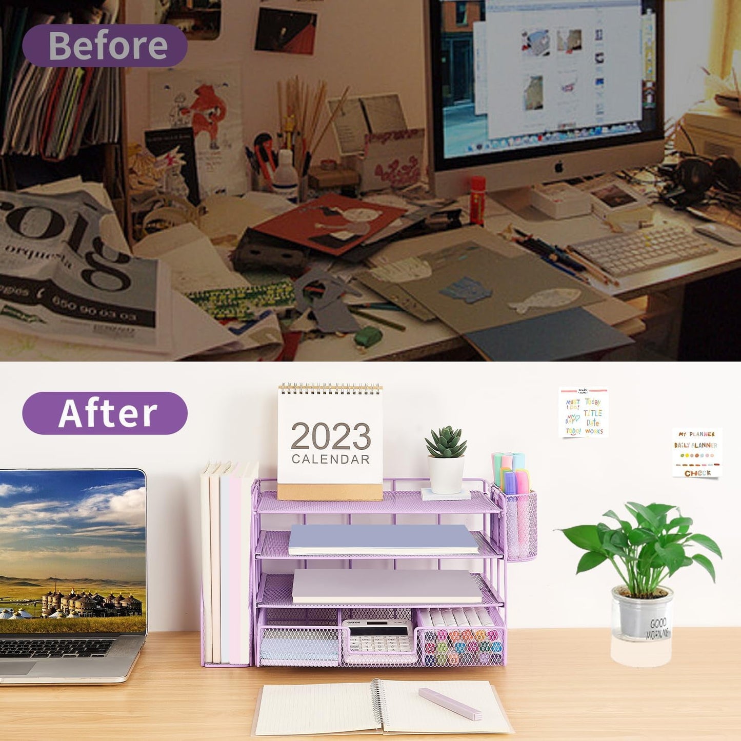 Livhil Desk Organizer Office Accessories, 4-Tier Desk Organizers and Storage & Workspace with Drawer and 2 Pen Holder for Office Supplies (Black)