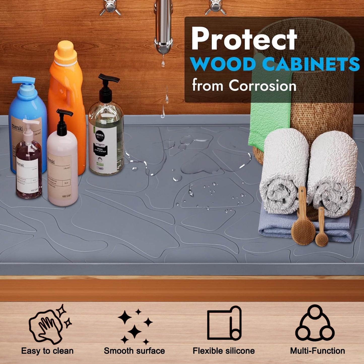 Livhil Under Sink Mat for Kitchen Waterproof, 34"x 22" Silicone Sink Mat Cabinet Liner for Bathroom Under Sink Mat with Raised Edge