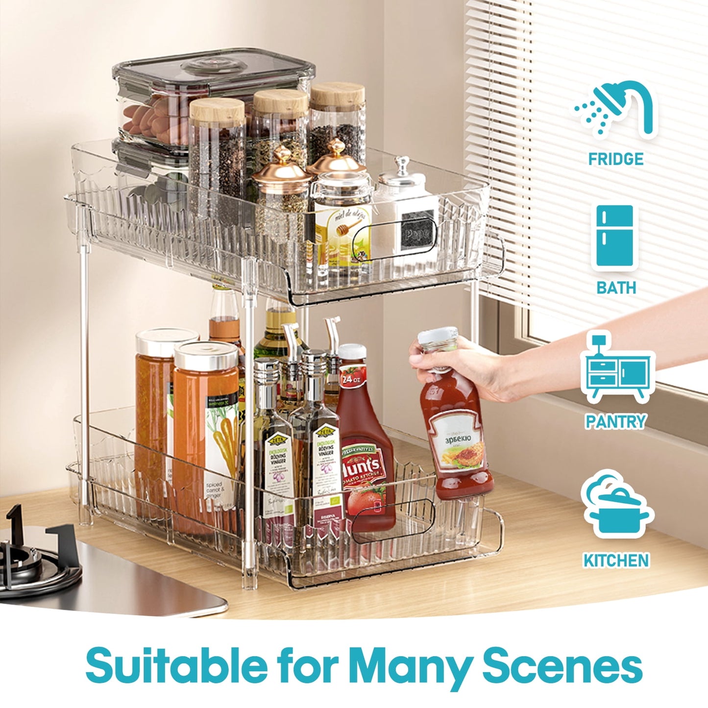 Livhil Under Sink Organizer, 2 Tier Pull Out Clear Under Sink Storage with 3 Removable Dividers, Bathroom Cabinet Organizer Shelf , Stackable Pantry Organization and Storage (11.6×7.7×10.2in）