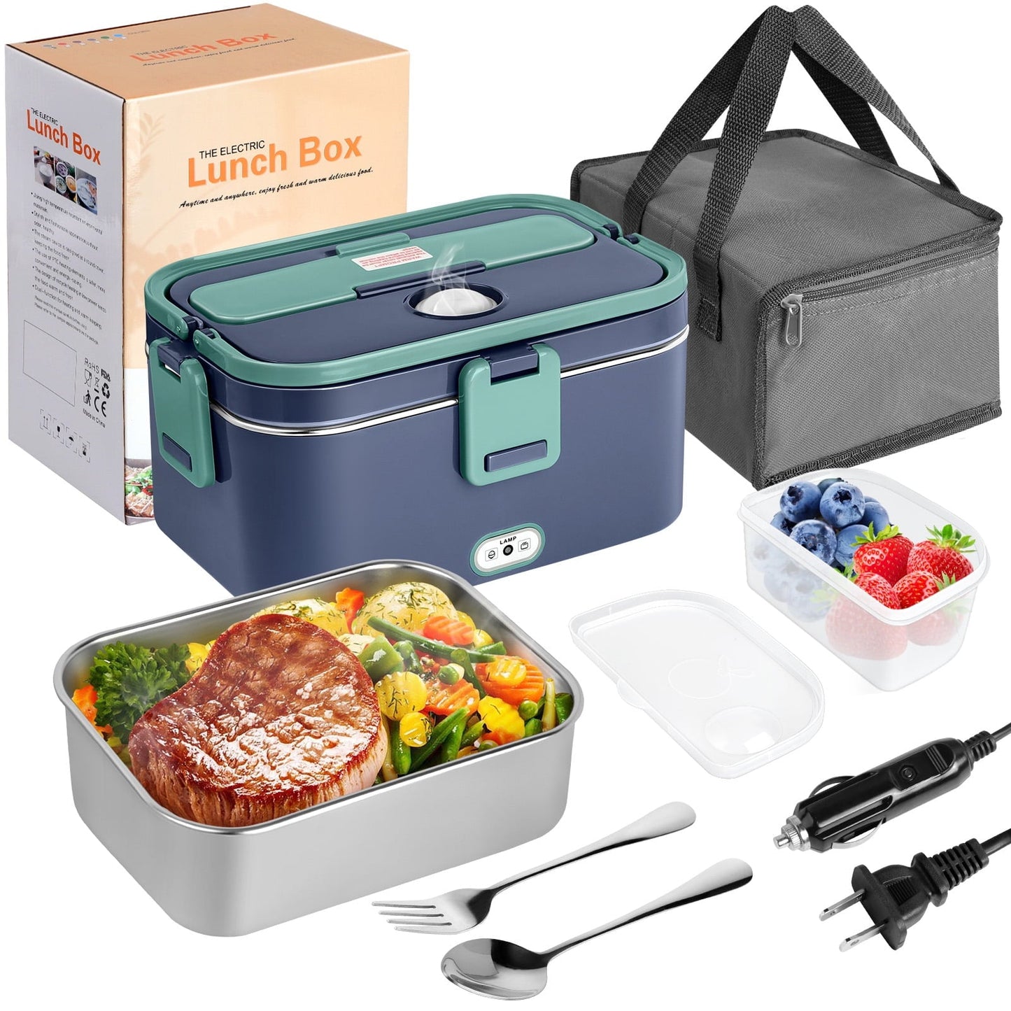 Livhil Electric Lunch Box Food Heater, Portable Food Warmer, Hot Lunch Warmer Heated Lunch Box for Adults, 60W 1.8L 12V-24V 110V Stainless Steel Container Portable Food Heater