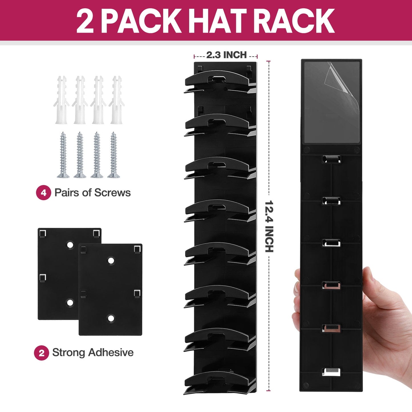 Livhil 2 Pack Hat Organizer for Baseball Caps, Adhesive Hat Rack for The Wall, Baseball Hat Organizer Hold Up to 16 Hats, Black