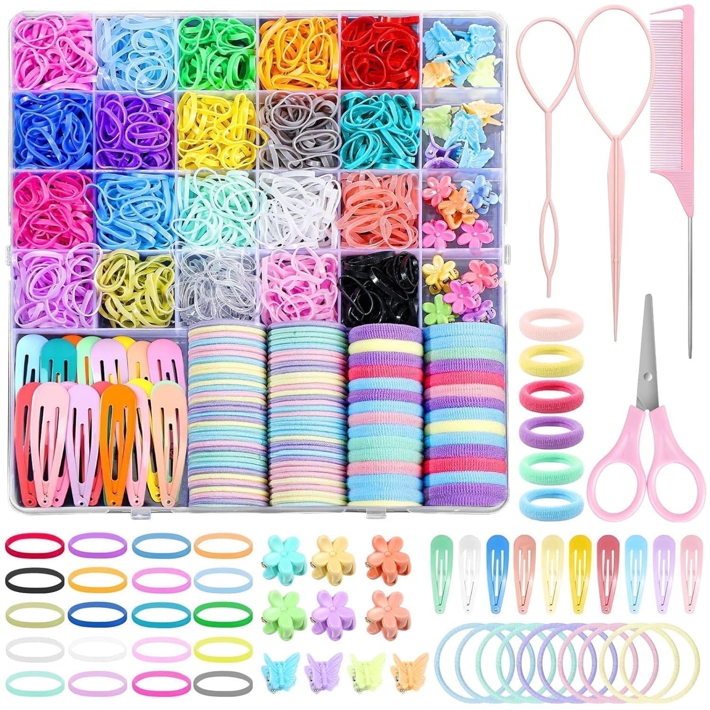 Livhil 24 Colors Hair Rubber Bands with Tail Hair Tools and Hair Clips, 1695 Pcs Elastic Small Hair Ties, Hair Accessories