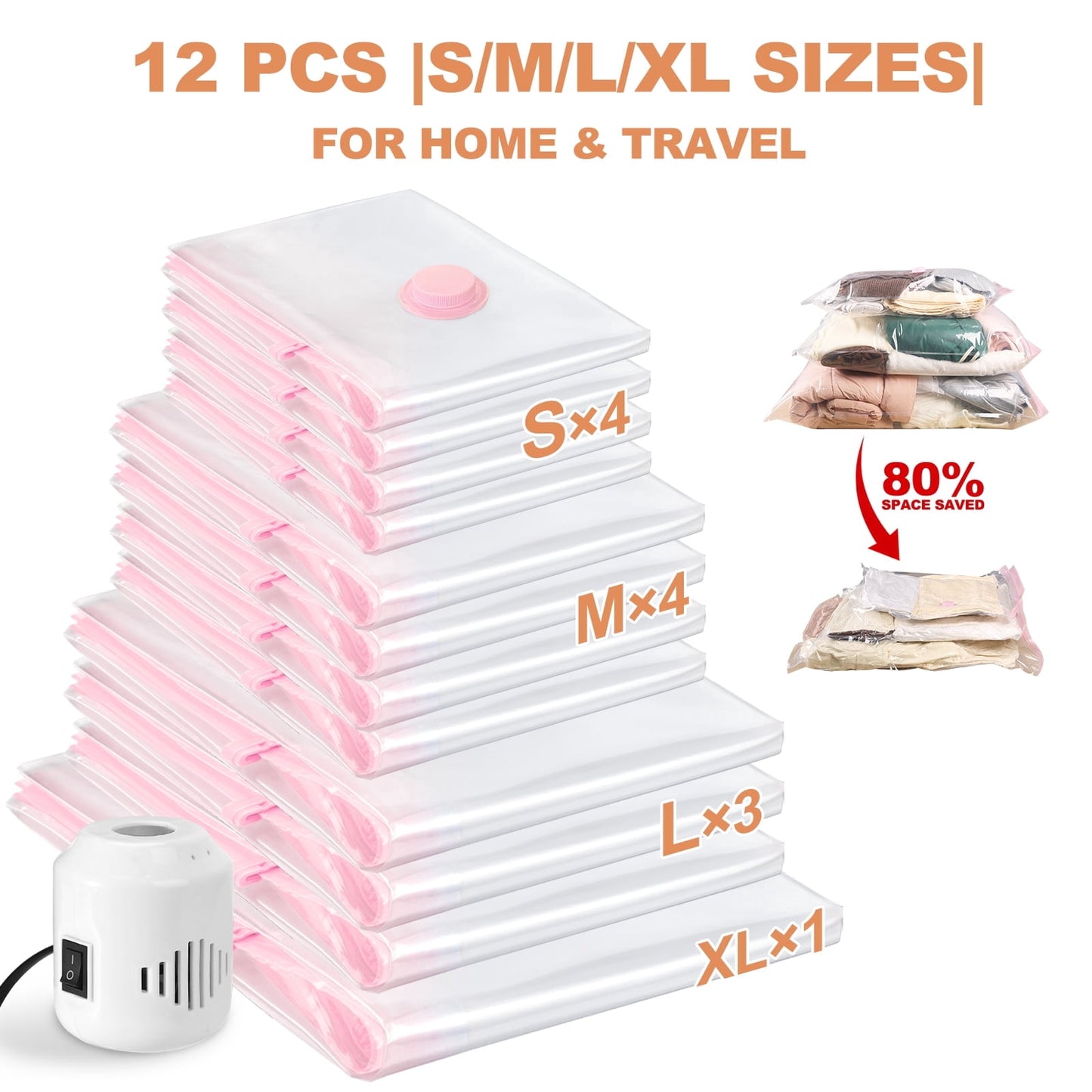 Livhil 15Pcs Pink Vacuum Seal Bags for Clothes, Travel Vacuum Storage Bags with Pump, Dorm Room Essentials, Four Sizes