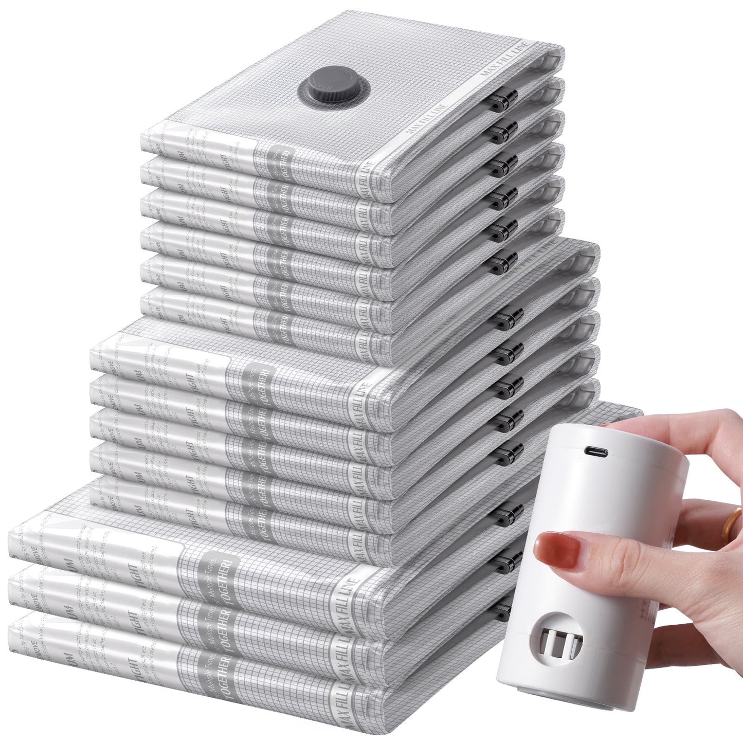Livhil Vacuum Storage Bags with Electric Pump, Vacuum Seal Bags for Clothes, Travel Vacuum Bags with Pump, Reusable Shrink Bags, Square Grid