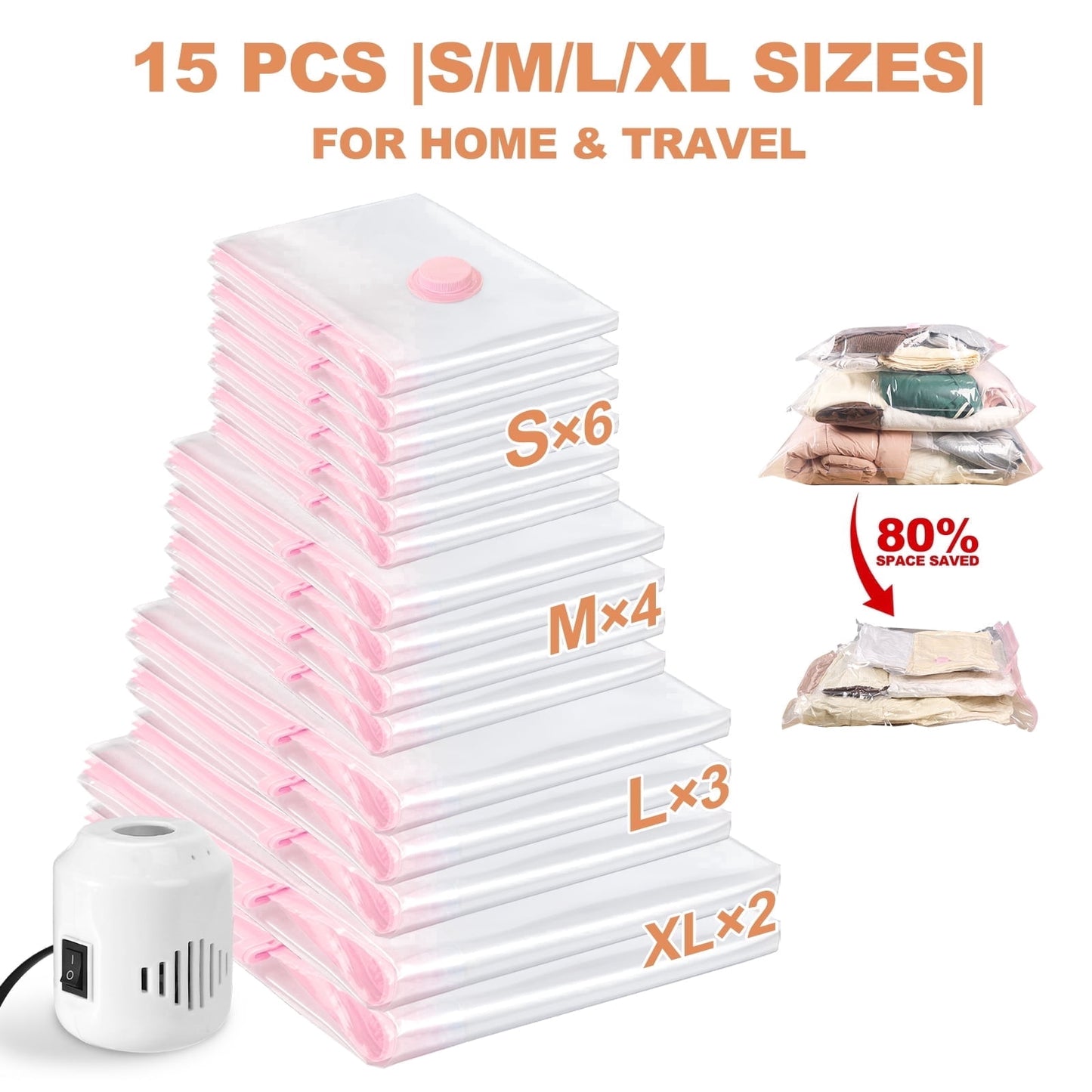 Livhil 15Pcs Pink Vacuum Seal Bags for Clothes, Travel Vacuum Storage Bags with Pump, Dorm Room Essentials, Four Sizes