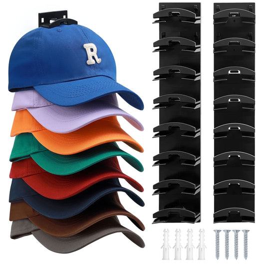 Livhil 2 Pack Hat Organizer for Baseball Caps, Adhesive Hat Rack for The Wall, Baseball Hat Organizer Hold Up to 16 Hats, Black