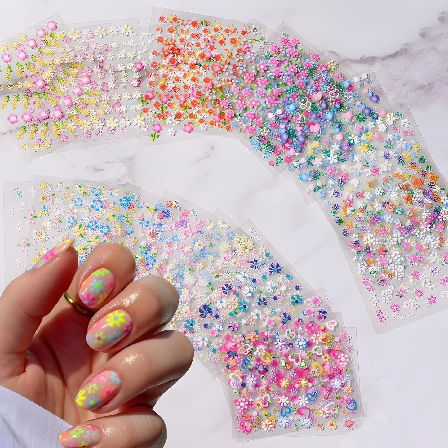Livhil 30 Sheets Flower Nail Stickers Colorful Nail Decals Nail Stickers for Nail Art 3D Self Adhesive