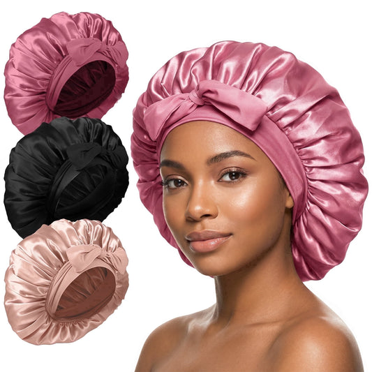 Livhil 3Pcs Silk Bonnets for Women Sleeping, Adjustable Satin Bonnet for Sleeping, Large Size Hair Bonnet for All Hair Types(Pink Black Gold)