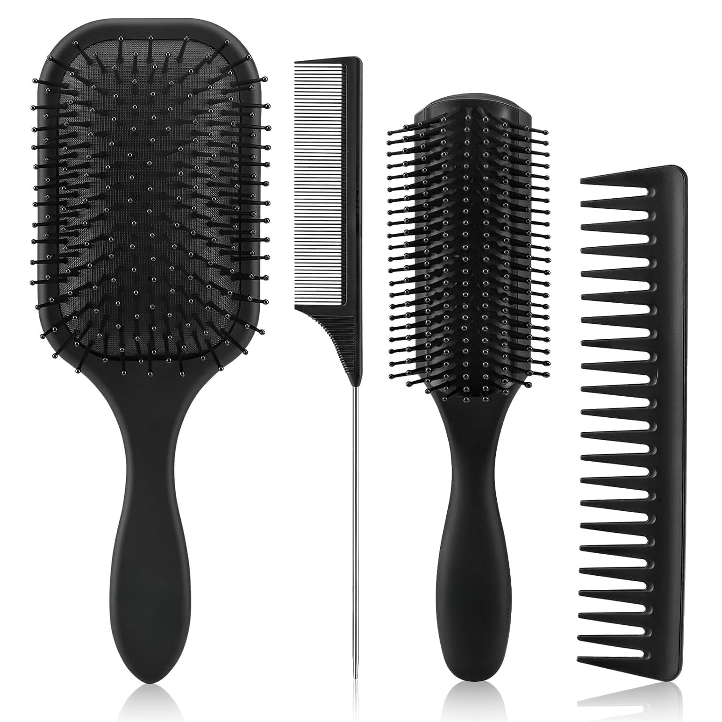 Livhil 4Pcs Paddle Hair Brush Set, Black Hair Brush for Women and Men, Detangling Brush for Curly Hair Long Thick, Hairbrush Great On Wet or Dry, No More Tangle