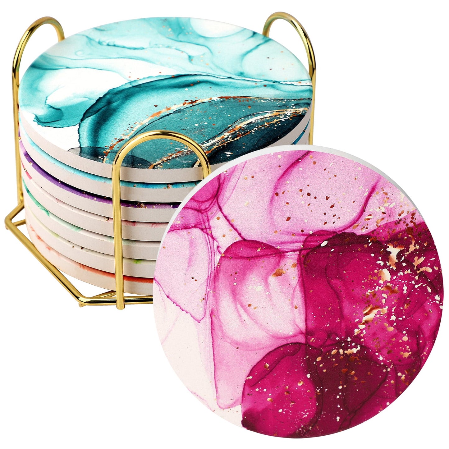 8 Pcs Drink Gold Coasters with Metal Holder Stand , Marble Coasters Design Ceramic Coaster Set