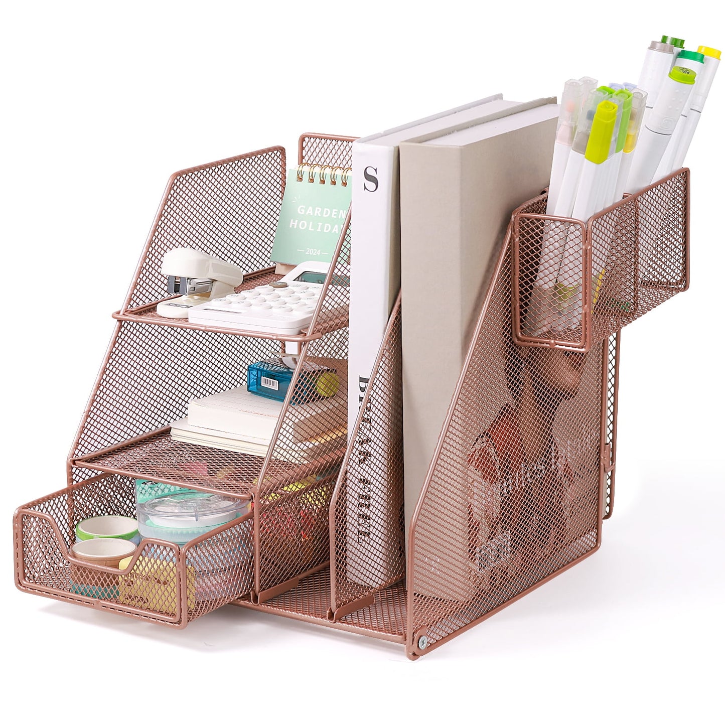 Livhil Desk Organizer Office Accessories, Workspace Rose Gold Desktop Organizer, File Organizer for Desk Drawer Organizer