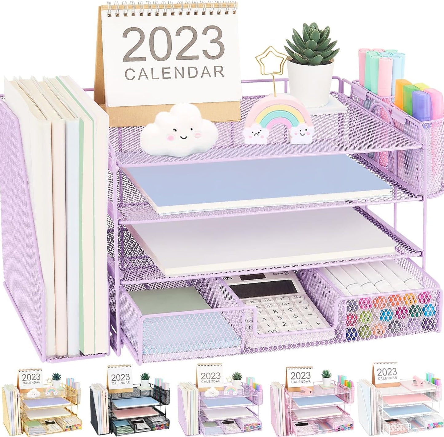 Livhil Desk Organizer Office Accessories, 4-Tier Desk Organizers and Storage & Workspace with Drawer and 2 Pen Holder for Office Supplies (Black)