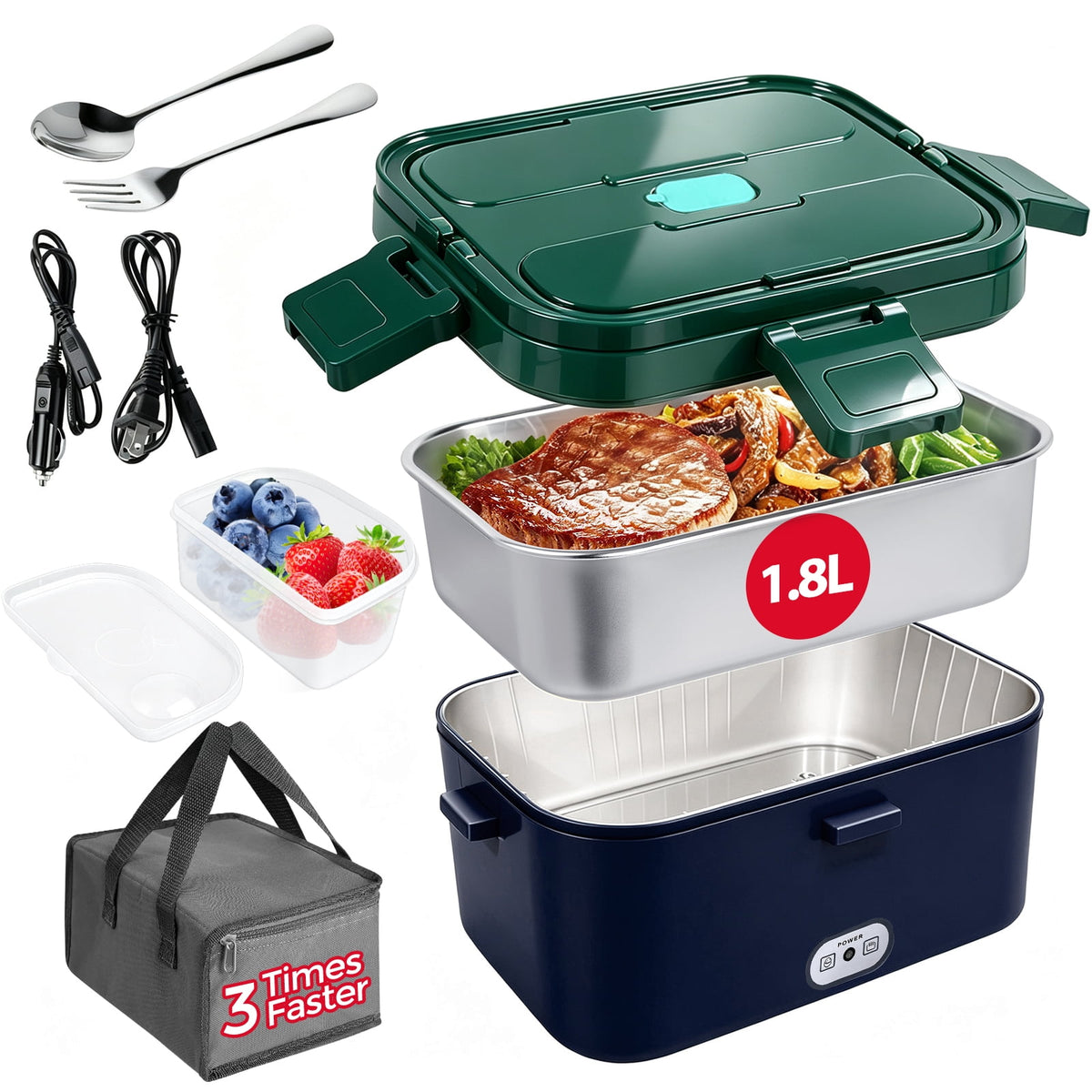 Livhil Electric Lunch Box Food Heater, Portable Food Warmer, Hot Lunch Warmer Heated Lunch Box for Adults, 60W 1.8L 12V-24V 110V Stainless Steel Container Portable Food Heater (Dark Blue Green)