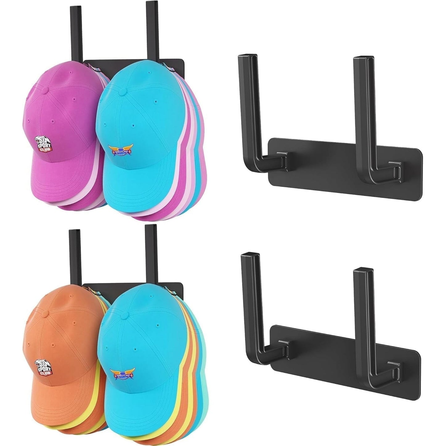 Livhil Hat Rack 2 Packs, Removable Long Row Hat Hooks for Wall, 2 Mounting Options Baseball Hat Organizer Holds 30 Hats