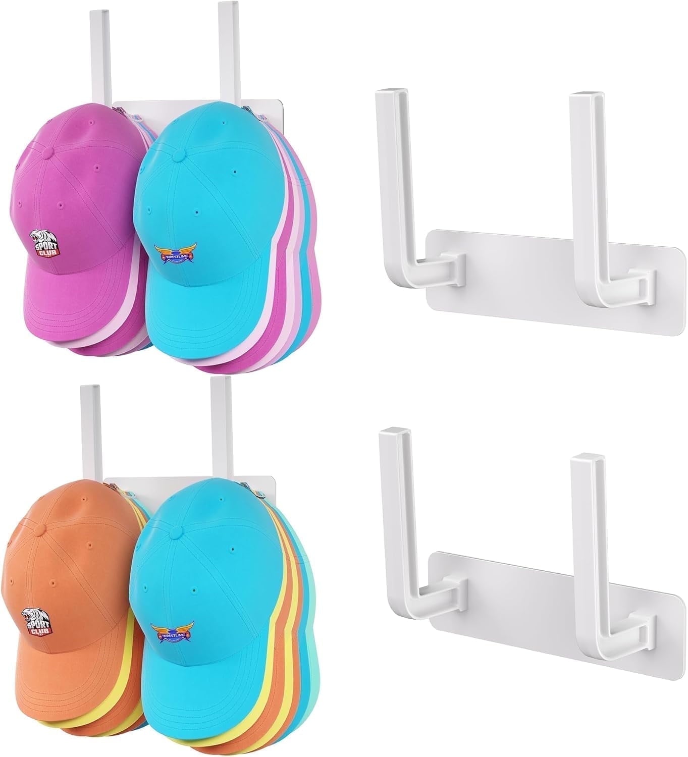 Livhil Hat Rack 2 Packs, Removable Long Row Hat Hooks for Wall, 2 Mounting Options Baseball Hat Organizer Holds 30 Hats