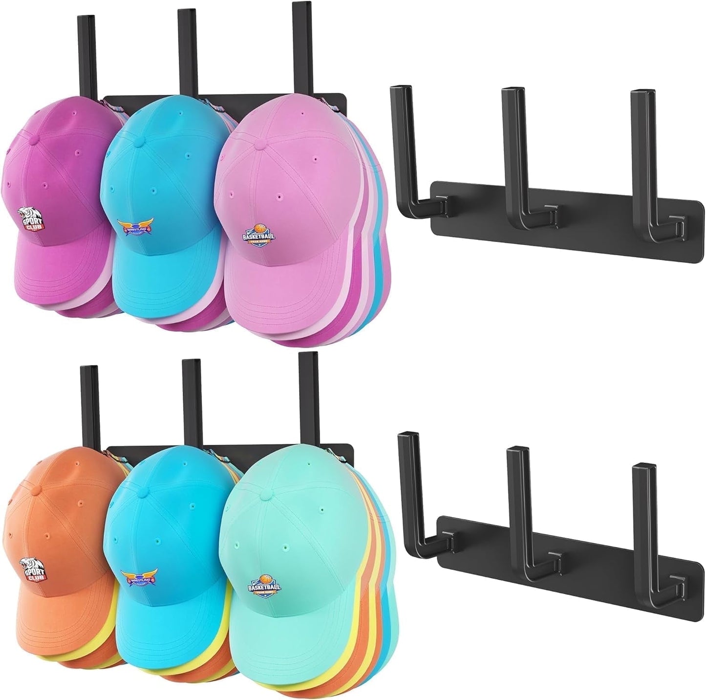 Livhil Hat Rack 2 Packs, Removable Long Row Hat Hooks for Wall, 2 Mounting Options Baseball Hat Organizer Holds 30 Hats
