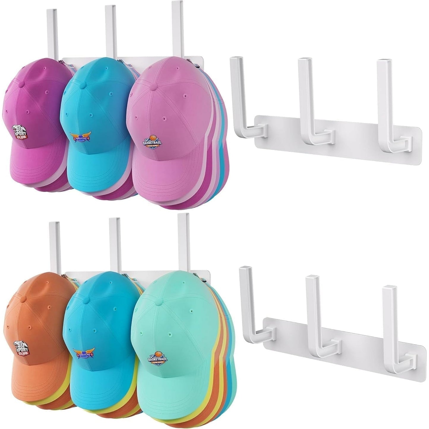 Livhil Hat Rack 2 Packs, Removable Long Row Hat Hooks for Wall, 2 Mounting Options Baseball Hat Organizer Holds 30 Hats