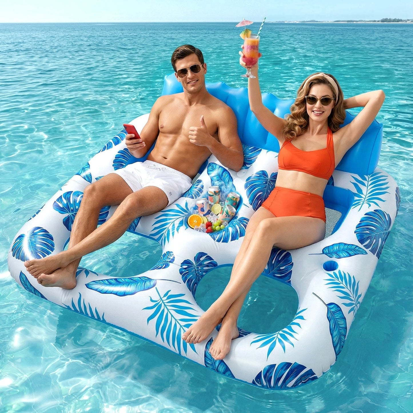 Livhil Inflatable Pool Float, 2 Person Pool Floats for Adults, Double Inflatable Lounger Pool Raft with Backrest & Cup Holders, Summer Water Fun for Pool Beach Lake