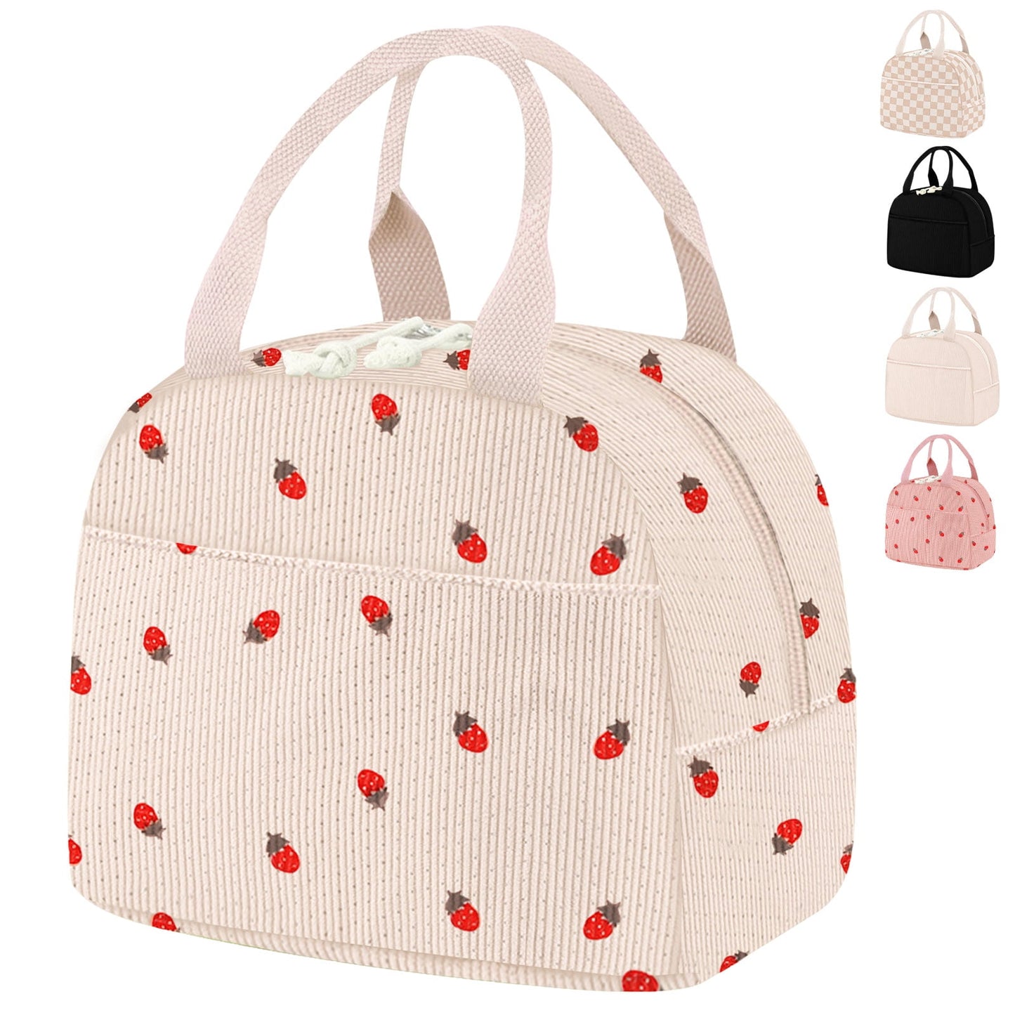 Livhil Corduroy Lunch Bag for Women, Reusable Cute Lunch Tote Bag Insulated lunch Box Bag for Work Picnic, Beige Strawberry