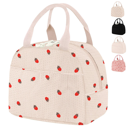Livhil Corduroy Lunch Bag for Women, Reusable Cute Lunch Tote Bag Insulated lunch Box Bag for Work Picnic, Beige Strawberry
