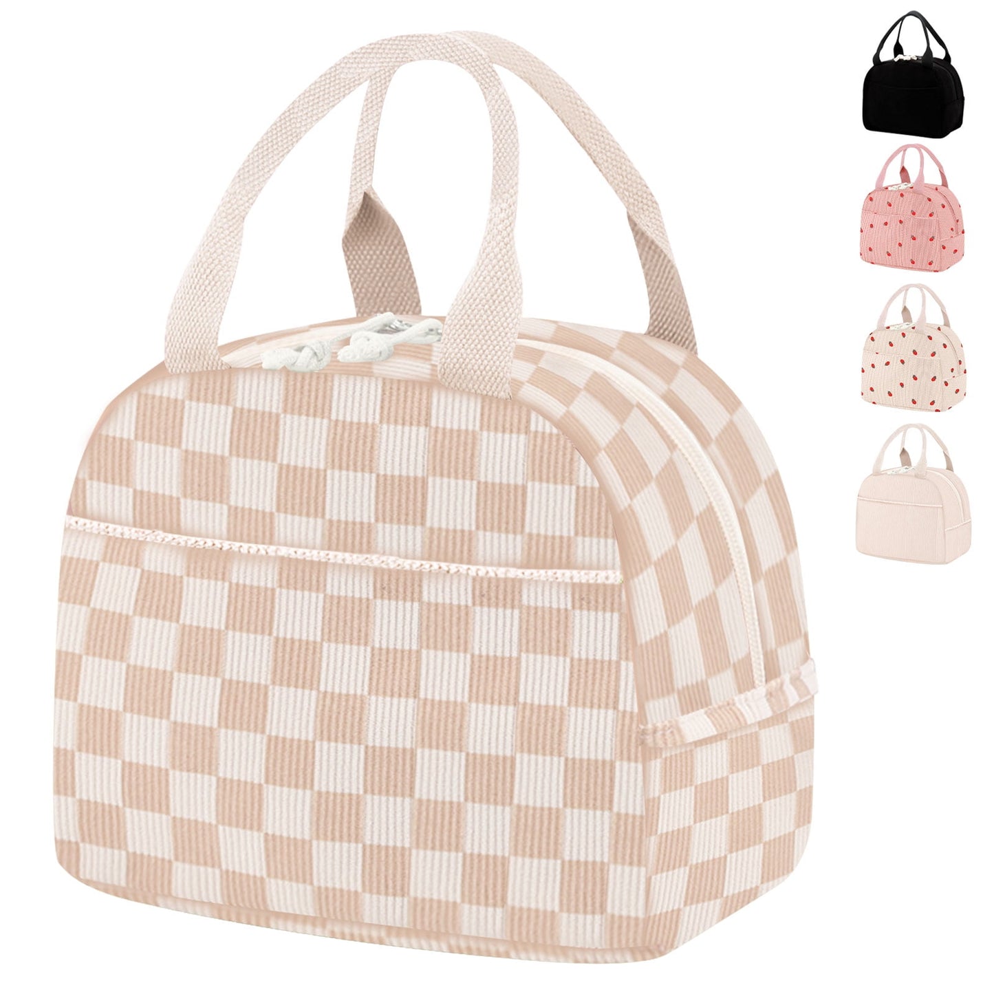 Livhil Corduroy Lunch Bag for Women, Reusable Cute Lunch Tote Bag Insulated lunch Box Bag for Work Picnic, Beige Strawberry