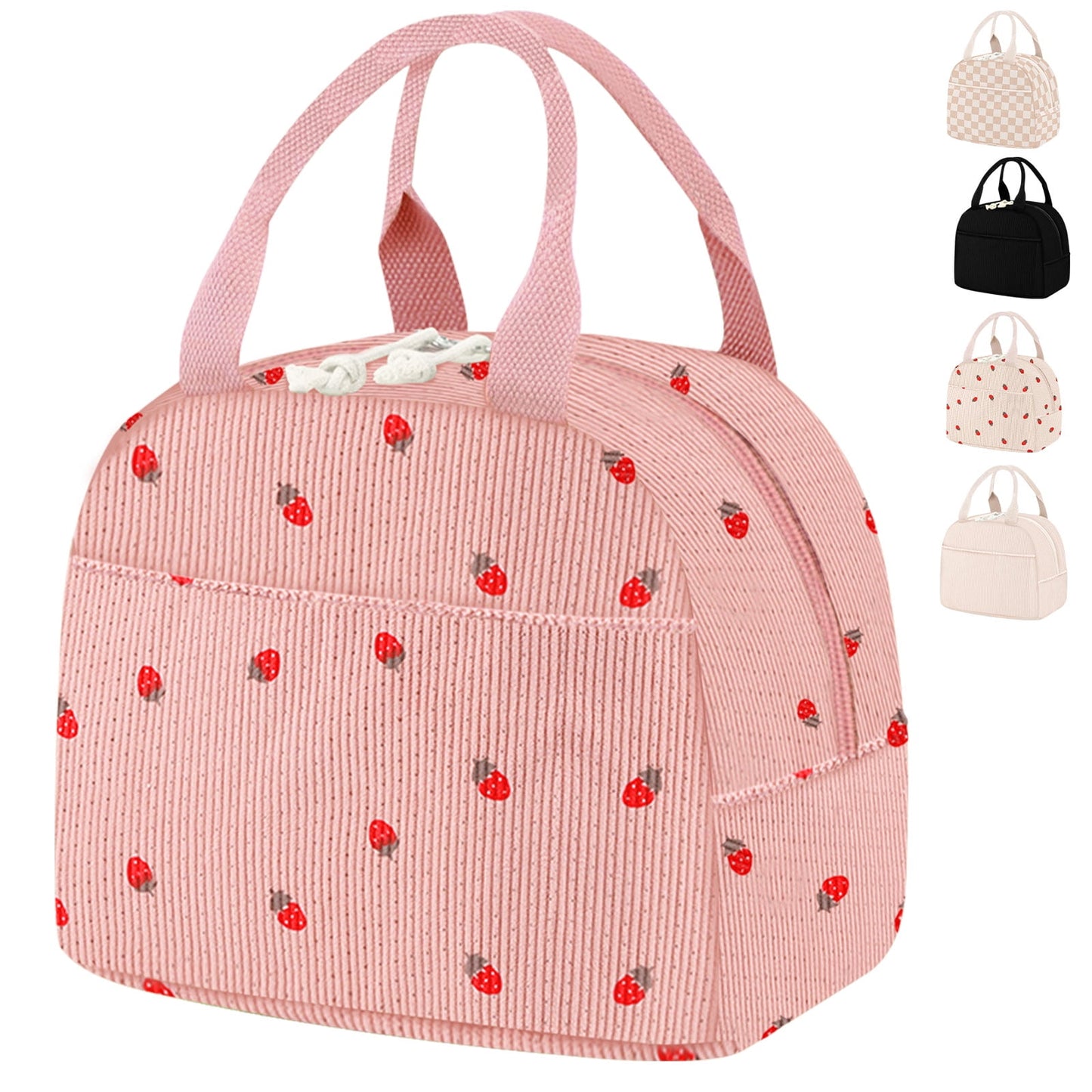 Livhil Corduroy Lunch Bag for Women, Reusable Cute Lunch Tote Bag Insulated lunch Box Bag for Work Picnic, Beige Strawberry