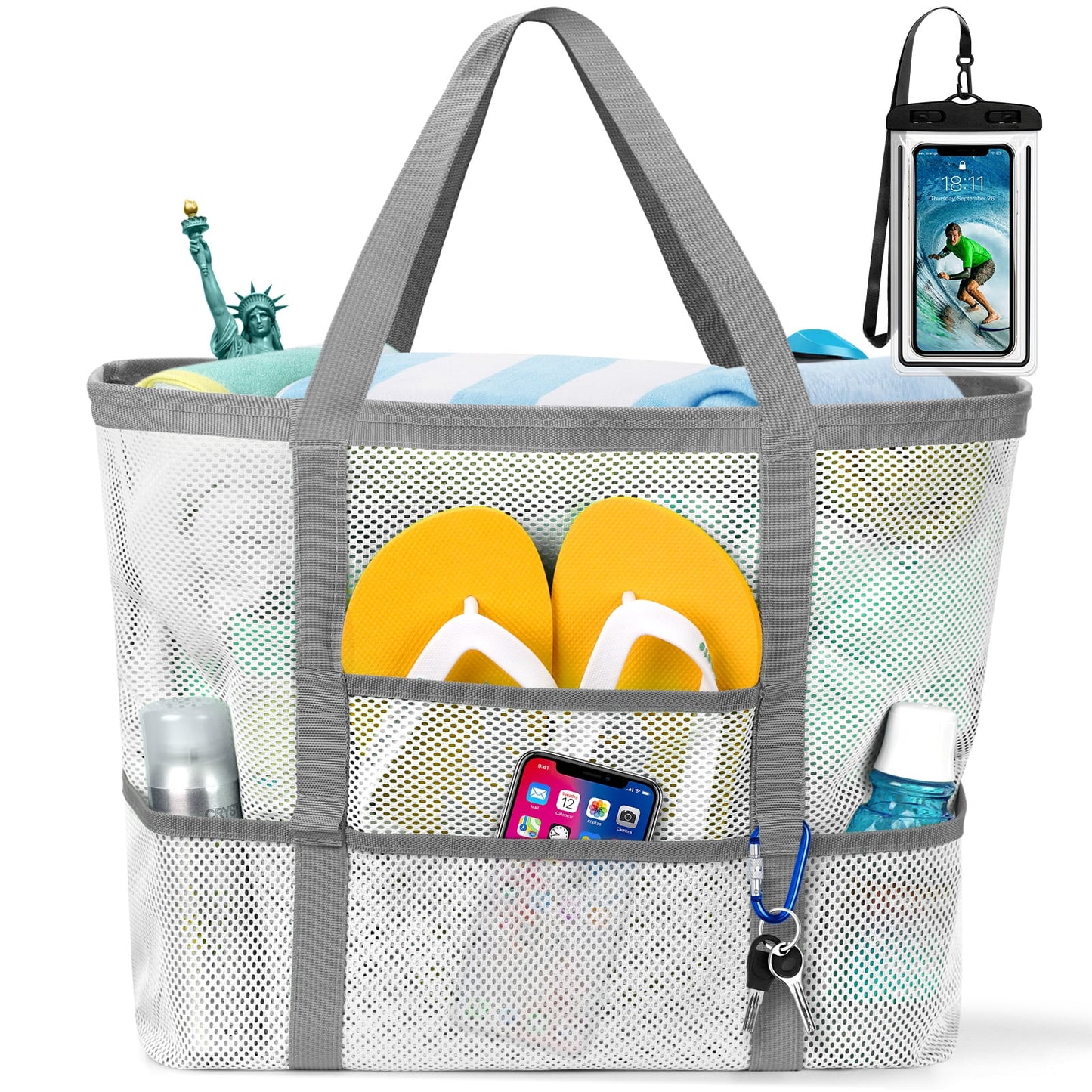 Livhil Mesh Beach Bag Rope Handles, Mesh Tote Bag for Women Contains Wicker Oversized Beach Tote Bag with 9 Small Pockets
