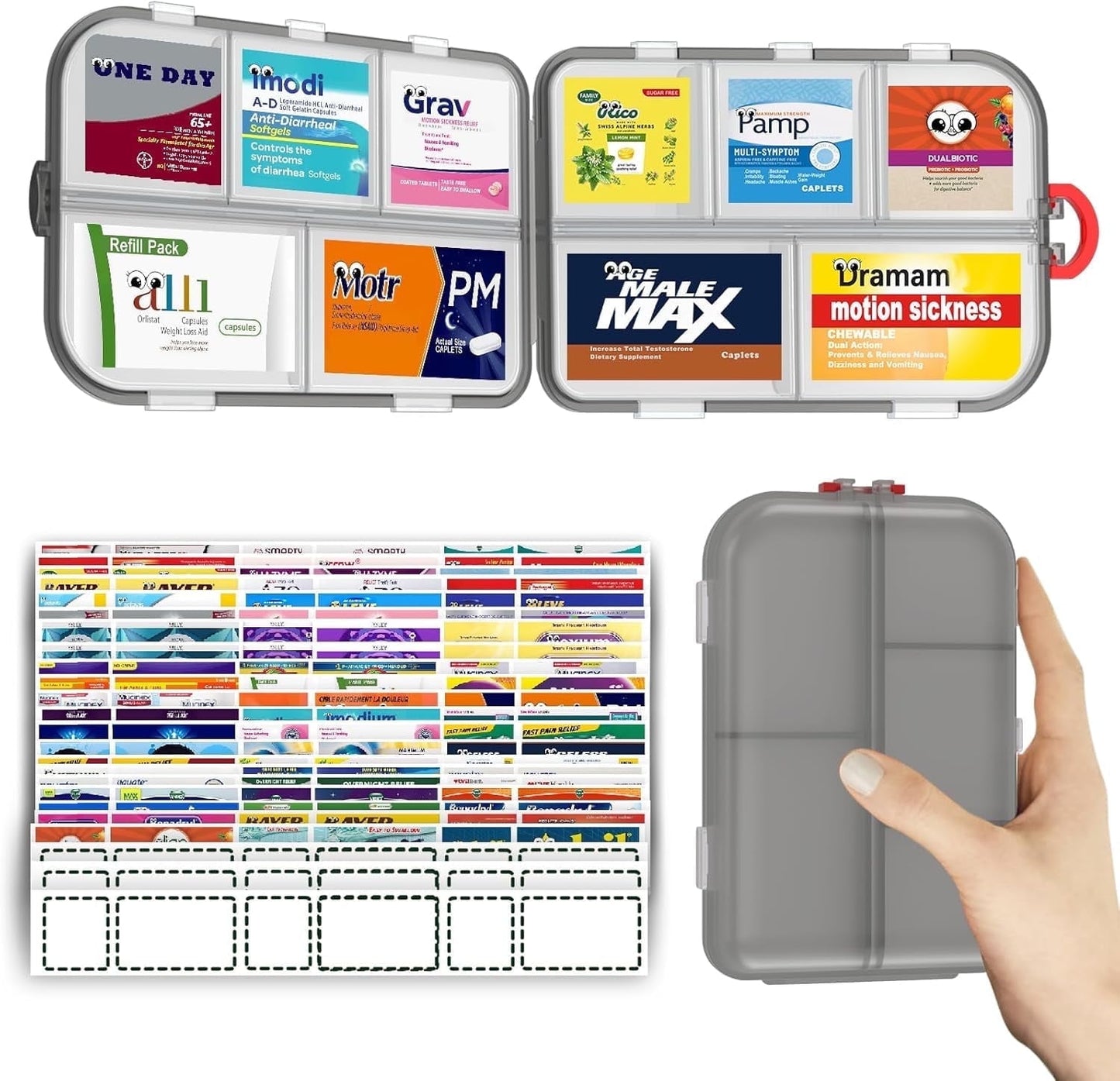 Livhil Large Portable Pill Organizer, Daily Use Pill Organizer with Labels, Travel Essentials Pill Box with 10 Compartments (Grey)