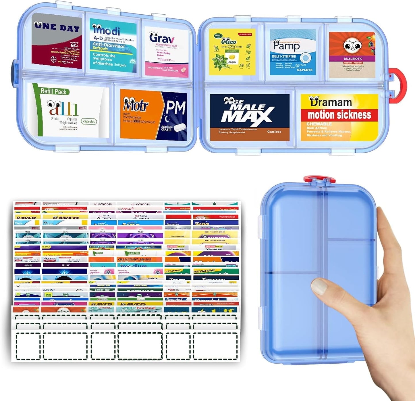 Livhil Large Portable Pill Organizer, Daily Use Pill Organizer with Labels, Travel Essentials Pill Box with 10 Compartments (Grey)