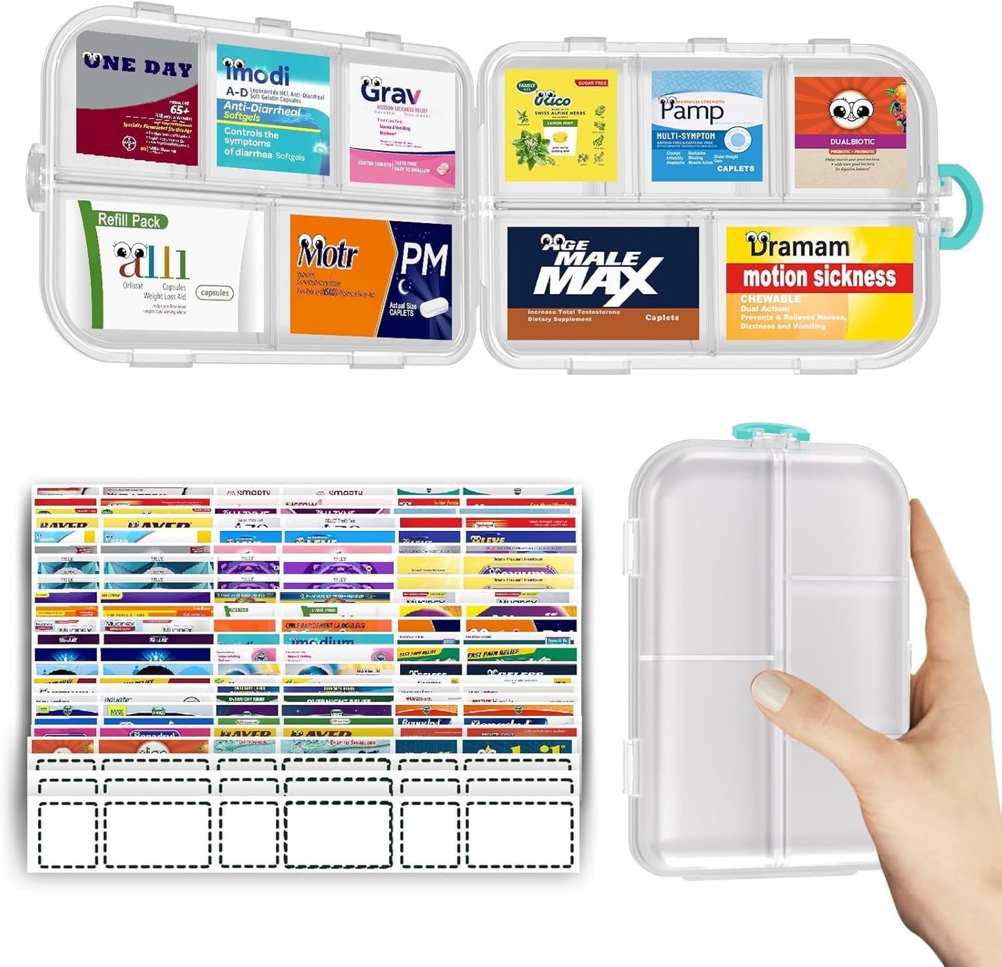 Livhil Large Portable Pill Organizer, Daily Use Pill Organizer with Labels, Travel Essentials Pill Box with 10 Compartments (Grey)