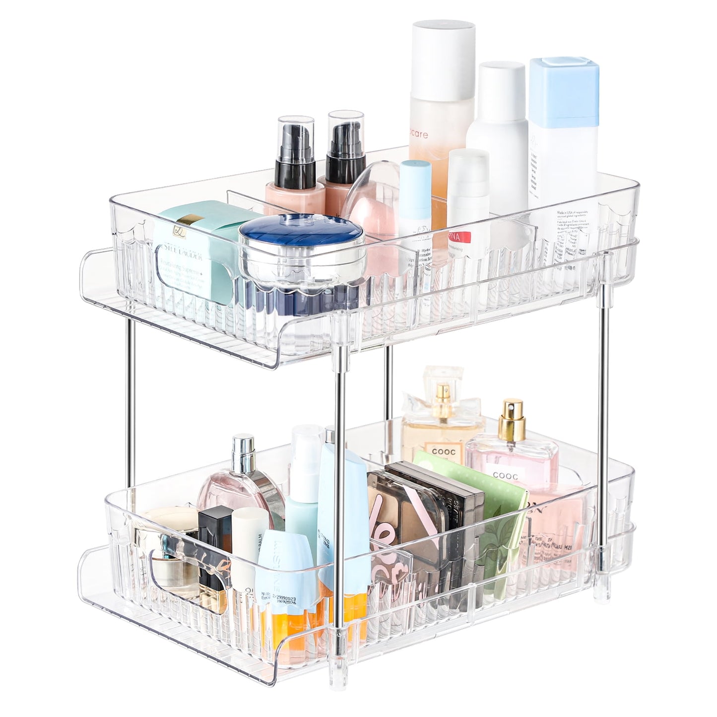 Livhil Under Sink Organizer, 2 Tier Pull Out Clear Under Sink Storage with 3 Removable Dividers, Bathroom Cabinet Organizer Shelf , Stackable Pantry Organization and Storage (11.6×7.7×10.2in）