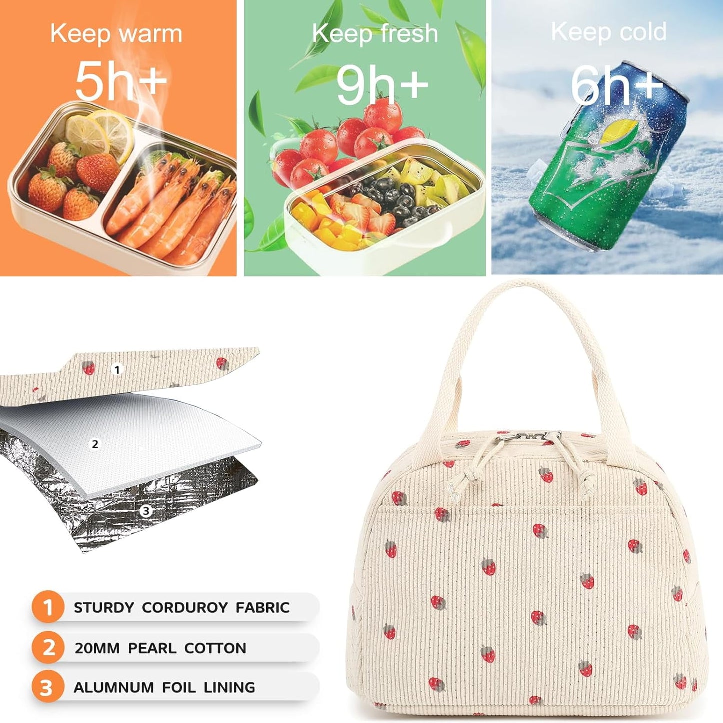 Livhil Corduroy Lunch Bag for Women, Reusable Cute Lunch Tote Bag Insulated lunch Box Bag for Work Picnic, Beige Strawberry