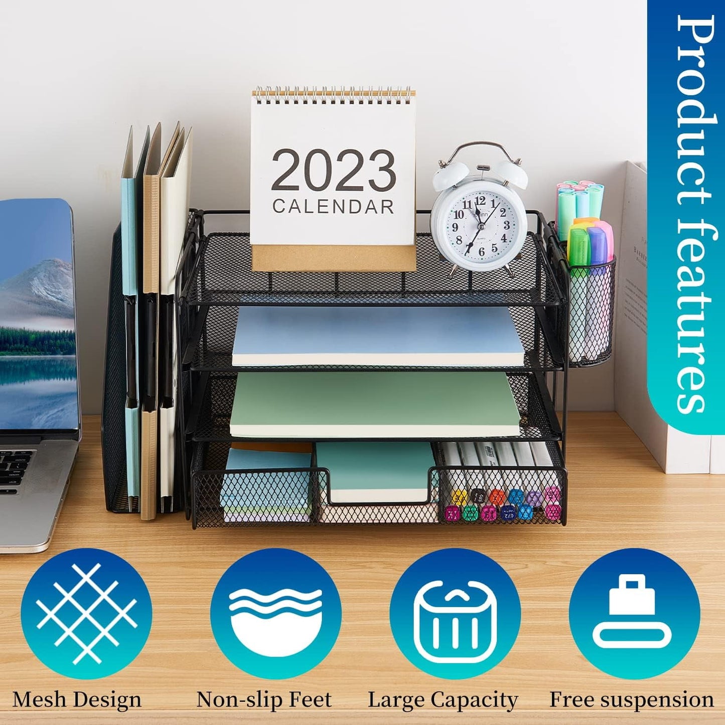 Livhil Desk Organizer Office Accessories, 4-Tier Desk Organizers and Storage & Workspace with Drawer and 2 Pen Holder for Office Supplies (Black)