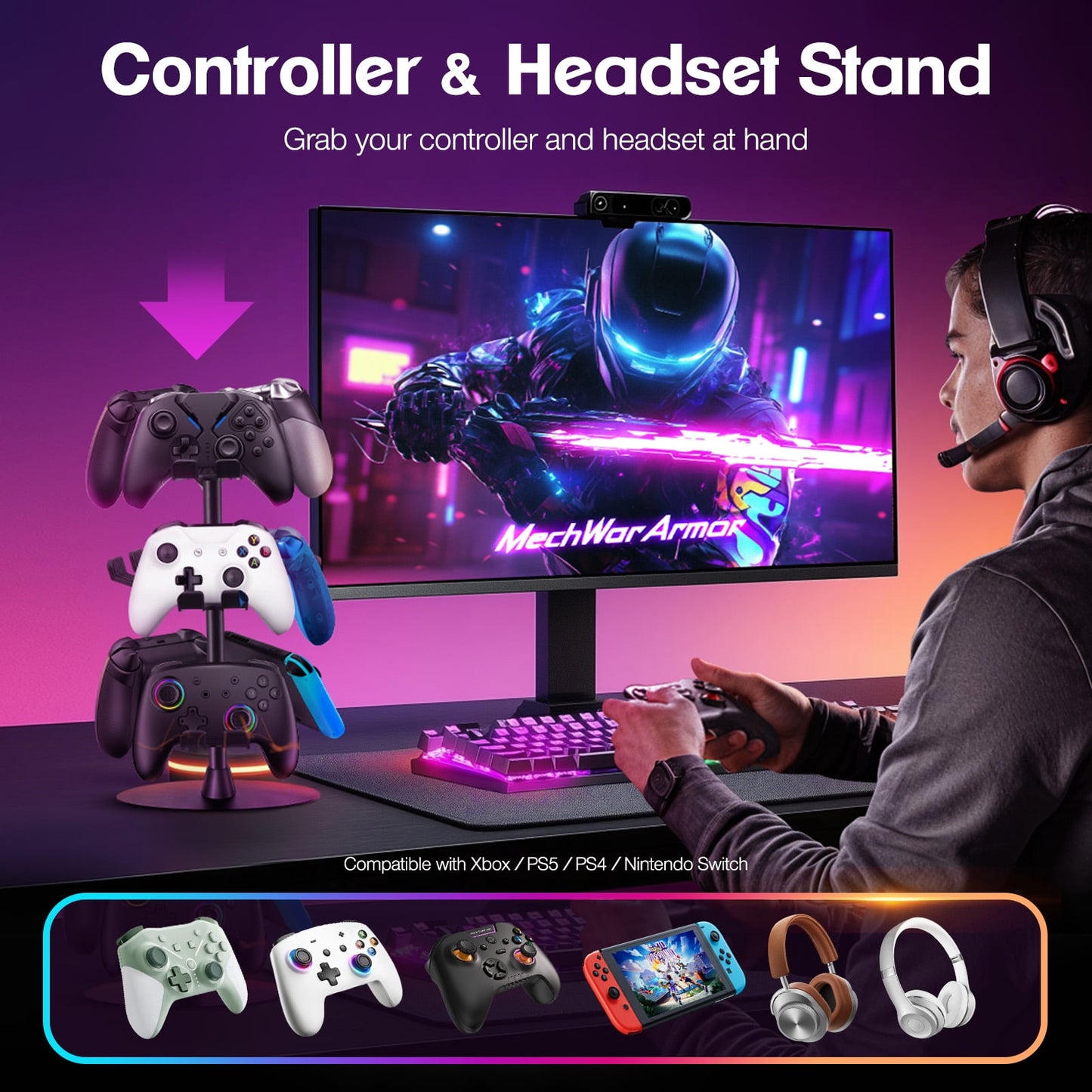 Livhil Rotatable Controller Stand, High Stability Headset and Controller Stand for Desk, Universal Game Controller Stand for All Gamepads