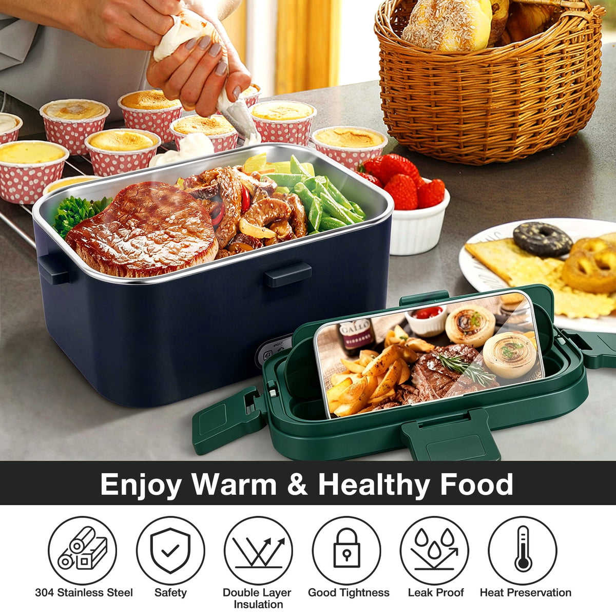 Livhil Electric Lunch Box Food Heater, Portable Food Warmer, Hot Lunch Warmer Heated Lunch Box for Adults, 60W 1.8L 12V-24V 110V Stainless Steel Container Portable Food Heater (Dark Blue Green)