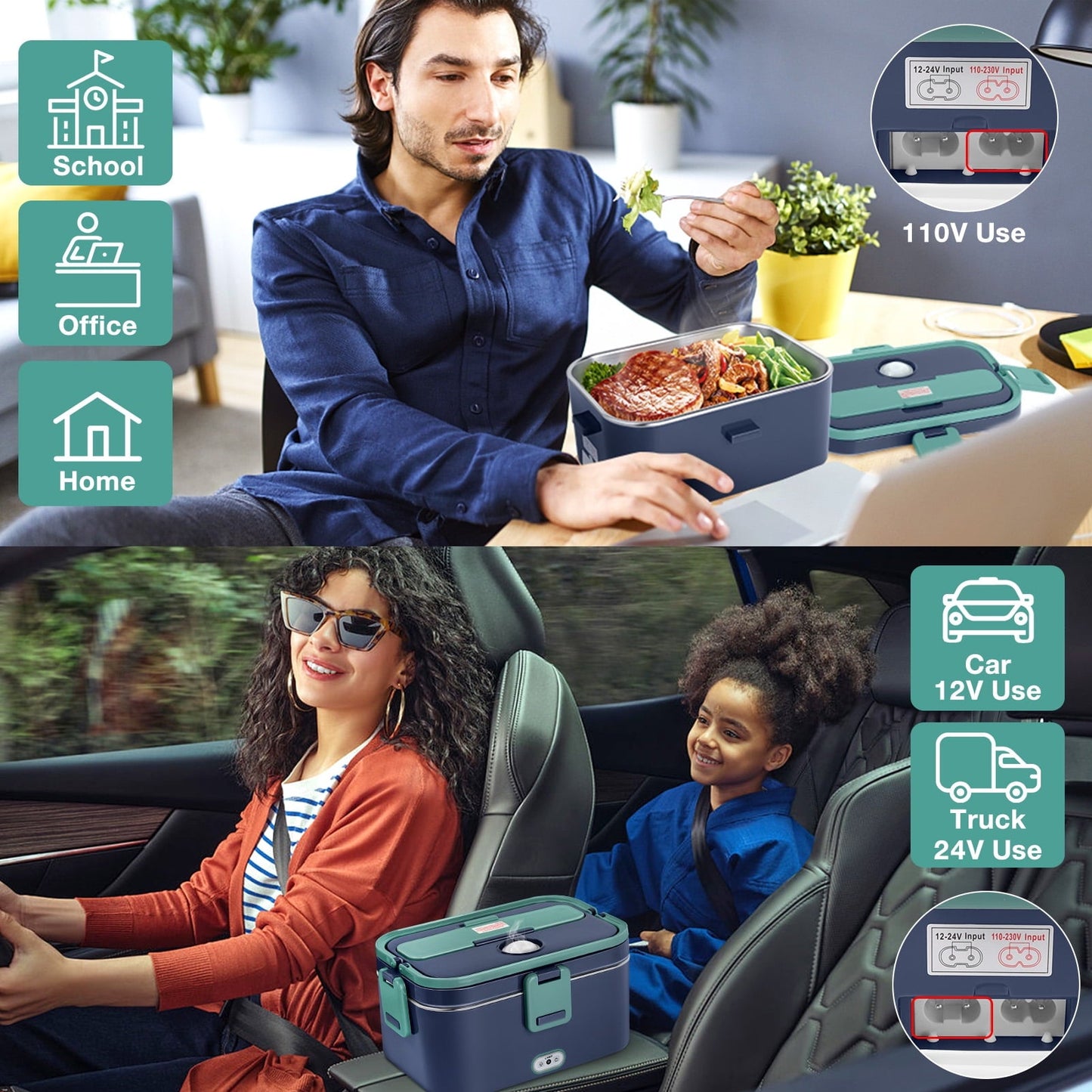 Livhil Electric Lunch Box Food Heater, Portable Food Warmer, Hot Lunch Warmer Heated Lunch Box for Adults, 60W 1.8L 12V-24V 110V Stainless Steel Container Portable Food Heater